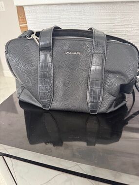 Tahari Black Pebbled Leather Duffel with Croc-Texture Straps